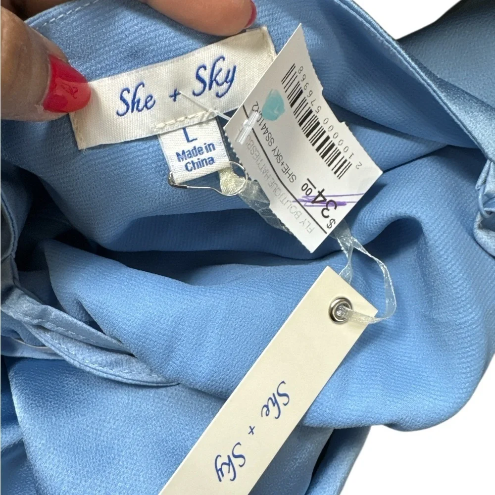 She + Sky Light Blue Draped Cowl Neck Bodysuit Size L New - Picture 6 of 7